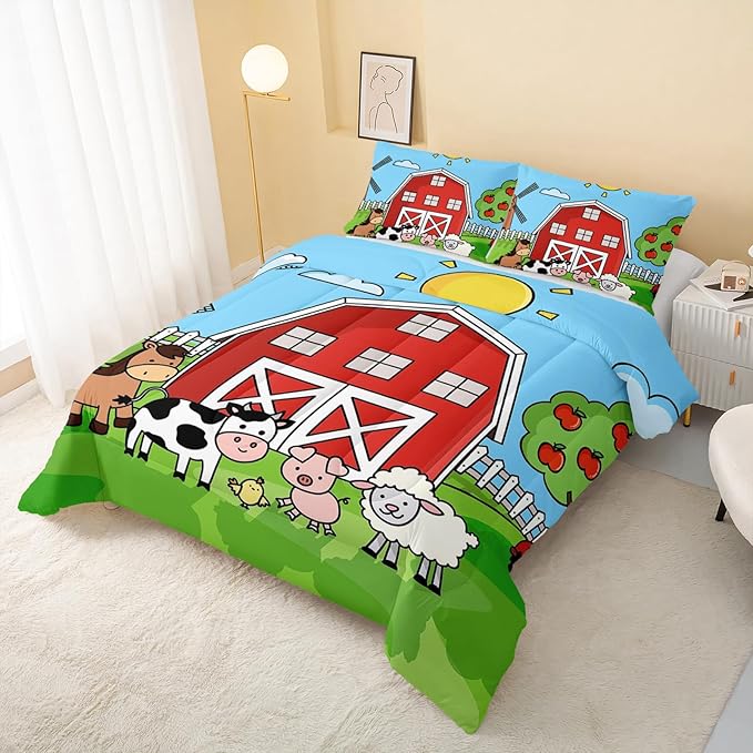 Farm Animals Comforter,Farmhouse Comforter Set for Kids Teens Girls Boys,Cartoon Animals 3Pcs Bedding Set Printed Comforter with 2 Pillowcases,Down Alternative,Soft and Lightweight，King Size - LeafyLoom