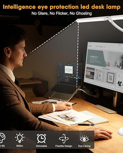 Led Desk Lamp for Office Home - Eye Caring Architect lamp with Clamp,Dual Screen Computer Monitor Gooseneck Smart Light: 24W 5 Color Flexible Adjustable Lighting Table Lamp for Study White - LeafyLoom