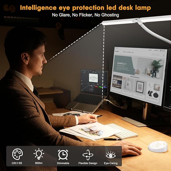 Led Desk Lamp for Office Home - Eye Caring Architect lamp with Clamp,Dual Screen Computer Monitor Gooseneck Smart Light: 24W 5 Color Flexible Adjustable Lighting Table Lamp for Study White - LeafyLoom