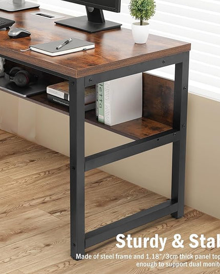 TOPSKY Computer Desk with Bookshelf/Metal Hole Cable Cover 1.18" Thick Desk (Rustic Brown, 63") - LeafyLoom