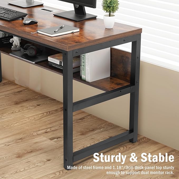 TOPSKY Computer Desk with Bookshelf/Metal Hole Cable Cover 1.18" Thick Desk (Rustic Brown, 63") - LeafyLoom