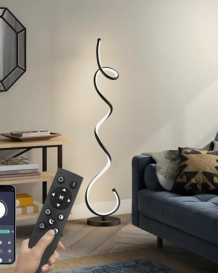 Modern Floor Lamps for Living Room, LED 53" Tall 30W Black Spiral Corner Floor Lamp with Remote, 3 Color Temperature, Stepless Dimmable, Bright Standing Lamp for Bedroom Home Office Deco - LeafyLoom