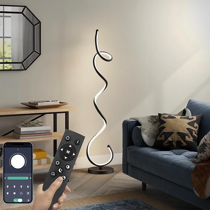 Modern Floor Lamps for Living Room, LED 53" Tall 30W Black Spiral Corner Floor Lamp with Remote, 3 Color Temperature, Stepless Dimmable, Bright Standing Lamp for Bedroom Home Office Deco - LeafyLoom
