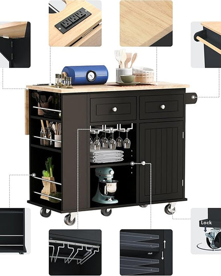 Kitchen Island with Power Outlet,Drop Leaf and Rubber Wood,Open Storage & Wine Rack,Storage Cart with 5 casters,w/Adjustable Storage for Home, Kitchen, and Dining Room, Black - LeafyLoom
