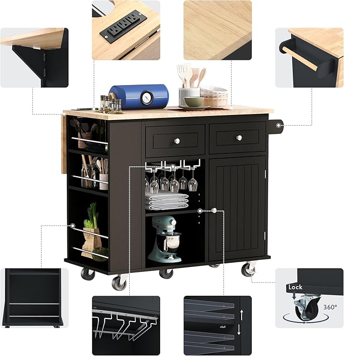 Kitchen Island with Power Outlet,Drop Leaf and Rubber Wood,Open Storage & Wine Rack,Storage Cart with 5 casters,w/Adjustable Storage for Home, Kitchen, and Dining Room, Black - LeafyLoom