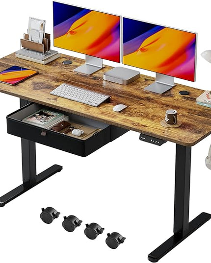 BANTI Electric Standing Desk with Drawer, 55x24 Inches Adjustable Height Sit Stand Up Desk, Home Office Desk Computer Workstation, Vintage Brown - LeafyLoom