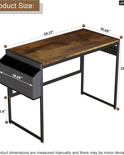 DKLGG Computer Desk 39" Home Office Desk Laptop Study Table Workstation with A Storage Bag and Headphone Hook Retro Industrial Design Small Computer Desk for Teens, Brown - LeafyLoom