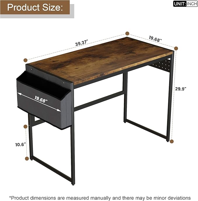 DKLGG Computer Desk 39" Home Office Desk Laptop Study Table Workstation with A Storage Bag and Headphone Hook Retro Industrial Design Small Computer Desk for Teens, Brown - LeafyLoom