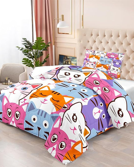 Cartoon Cat Bedding Set - 2Pcs Cute Cat Comforter Set for Bedroom Kids Boys Girls Cat Bedding Decor for All-Season Colorful Kitten Pattern Lovely Animal 1 Cat Comforter with 1 Pillowcase, Twin Size - LeafyLoom