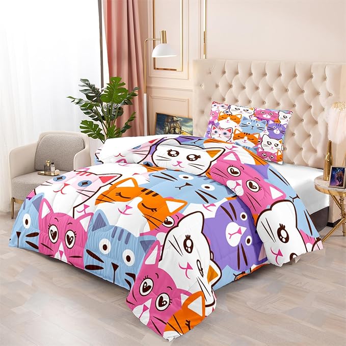 Cartoon Cat Bedding Set - 2Pcs Cute Cat Comforter Set for Bedroom Kids Boys Girls Cat Bedding Decor for All-Season Colorful Kitten Pattern Lovely Animal 1 Cat Comforter with 1 Pillowcase, Twin Size - LeafyLoom