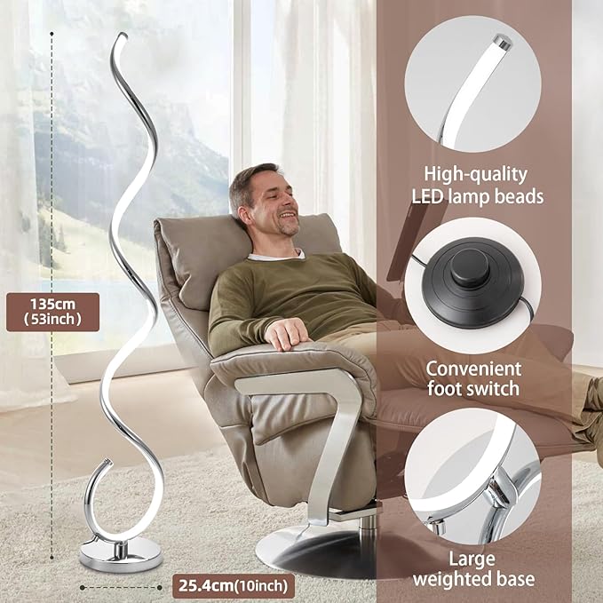 Spiral LED Floor Lamp for Living Room,40W Modern Floor Lamps with Remote Control, 3 Colors Stepless Dimmable Floor Standing Lamp Reading Corner Floor Tall Lamp for Bedroom Office - Chrome - LeafyLoom
