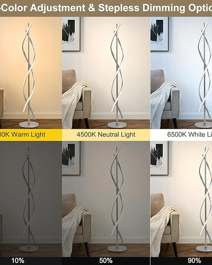 LED Floor Lamps for Living Room, Silver Modern Floor Lamp for Bedroom 60 Inch Spiral Floor Lamp 34W Dimmable 3 Color Temperature Standing Lamp with Timer Corner Floor Lamps for Living Room Clearance - LeafyLoom