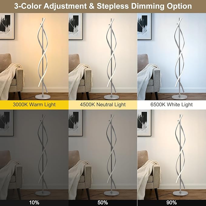 LED Floor Lamps for Living Room, Silver Modern Floor Lamp for Bedroom 60 Inch Spiral Floor Lamp 34W Dimmable 3 Color Temperature Standing Lamp with Timer Corner Floor Lamps for Living Room Clearance - LeafyLoom