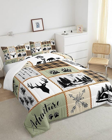 Camper Adventure Kids Comforter Set King Size,Deer Antlers Bear Paws Farmhouse Bedding Set for Boys Girls Adults Room Decor,Arrows Plaids Patchwork Down Comforter,Rustic Duvet Insert,2 Pillowcases - LeafyLoom