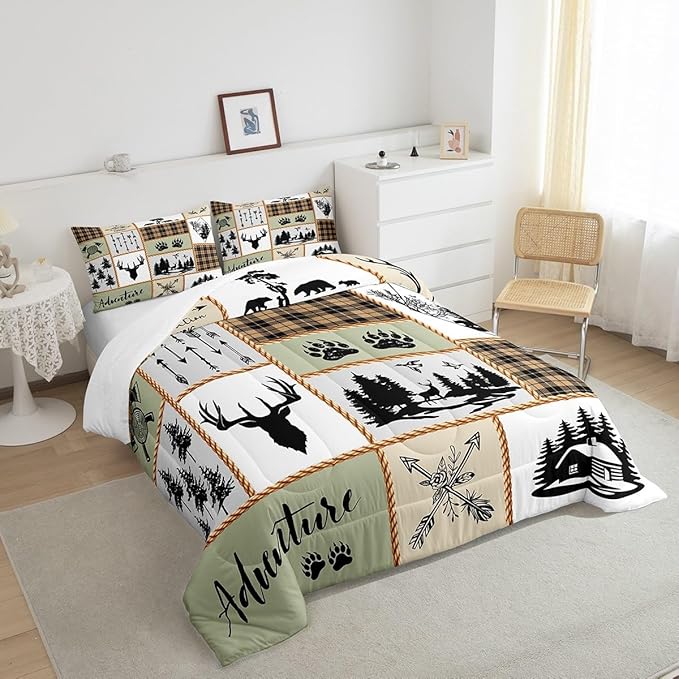 Camper Adventure Kids Comforter Set King Size,Deer Antlers Bear Paws Farmhouse Bedding Set for Boys Girls Adults Room Decor,Arrows Plaids Patchwork Down Comforter,Rustic Duvet Insert,2 Pillowcases - LeafyLoom