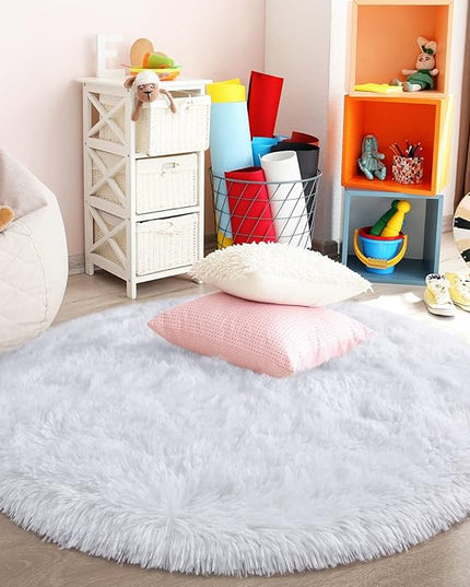 White Round Rug for Bedroom, Super Fluffy Circle Rugs for Baby Nursery, 5'X5' Feet Furry Carpet for Children Kids Room, Cute Soft Shaggy Rug for Girls Home Decor, Fuzzy Plush Carpets for Dorm - LeafyLoom