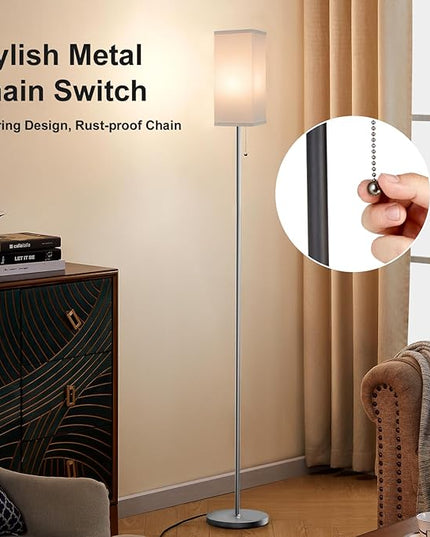 Floor Lamp for Living Room Bedroom - 3 Color Temperature Silver Standing Lamps with Pull Chain Switch, Modern Tall Lamp for Office Home Nursery, Pole Lamp with White Lampshade for Reading - LeafyLoom