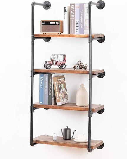 Industrial Wall Mounted Pipe Shelving,Rustic Metal Floating Shelves,Steampunk Real Wood Bookcases,DIY Bookshelf Hanging Shelves,Farmhouse Kitchen Bar Office Home Storage (5-Tier with 4 Boards,24in) - LeafyLoom