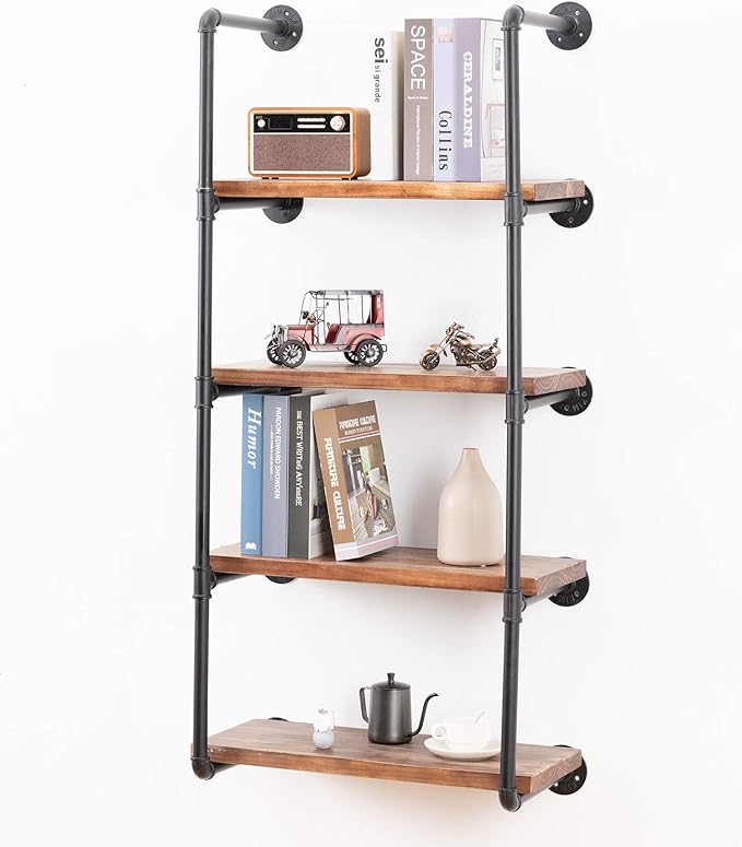 Industrial Wall Mounted Pipe Shelving,Rustic Metal Floating Shelves,Steampunk Real Wood Bookcases,DIY Bookshelf Hanging Shelves,Farmhouse Kitchen Bar Office Home Storage (5-Tier with 4 Boards,24in) - LeafyLoom