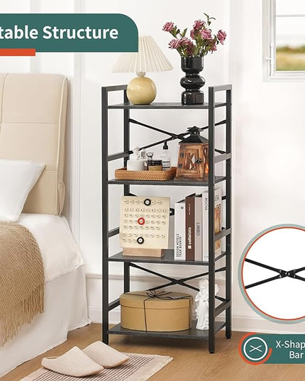 Yoobure 4 Tier Bookshelf - Small Book Shelf Industrial Bookcase, Narrow Book Case Book Storage Organizer for CD/Movie/Book, Bookshelves for Bedroom Office Living Room Charcoal Gray - LeafyLoom