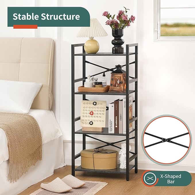 Yoobure 4 Tier Bookshelf - Small Book Shelf Industrial Bookcase, Narrow Book Case Book Storage Organizer for CD/Movie/Book, Bookshelves for Bedroom Office Living Room Charcoal Gray - LeafyLoom