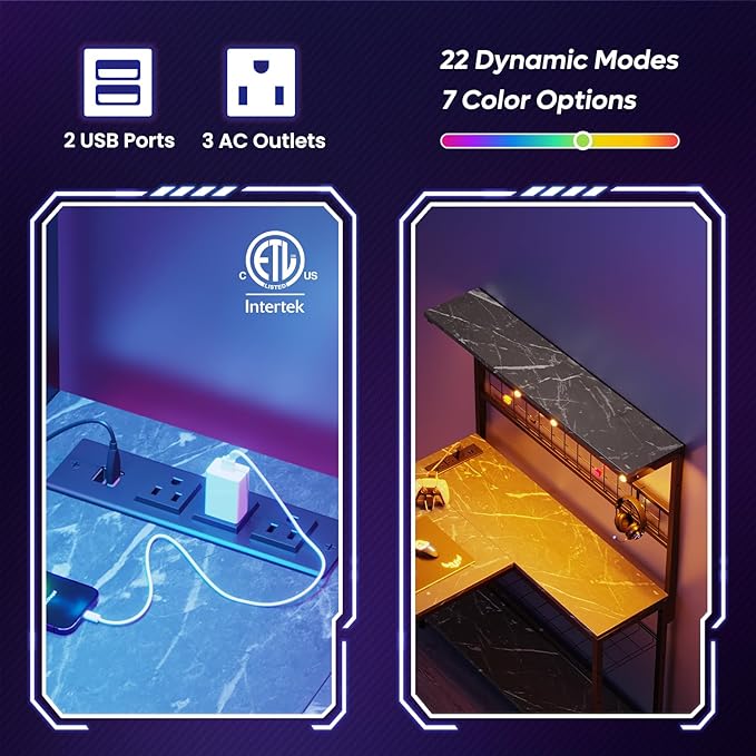 Bestier Gaming Desk with Power Outlets,42 Computer Desk with LED Lights, Reversible Corner Desk with 4-Tier Shelves,Cup Holder & Hook for Home Office,Black Marble - LeafyLoom