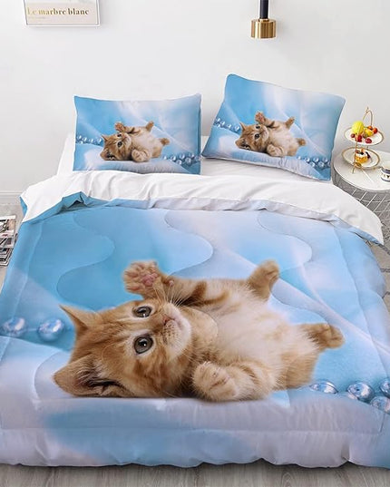 Cat Comforter Set Queen Size for Kids Blue Cat 3Pcs Bedding Set for boys and Girls (1Summer Comforter+ 2 Pillowcases) Lovely Animal Pets Duvet Set - LeafyLoom