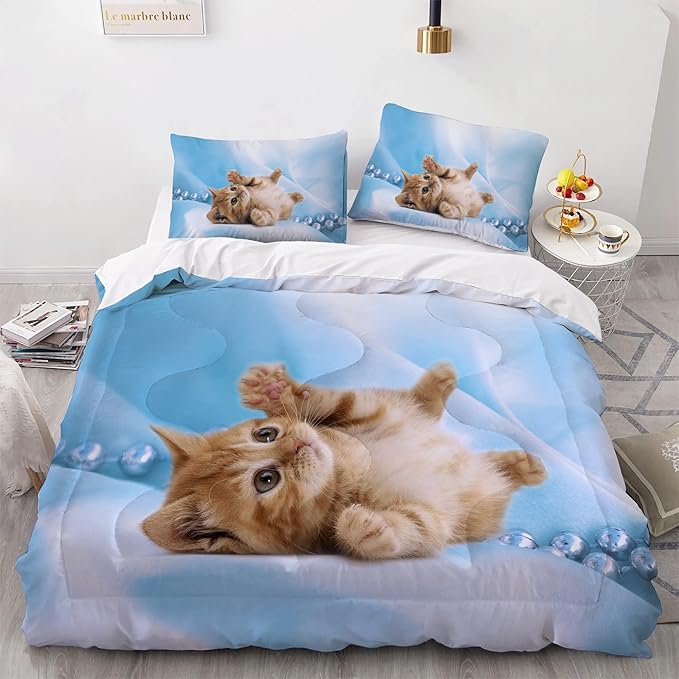 Cat Comforter Set Queen Size for Kids Blue Cat 3Pcs Bedding Set for boys and Girls (1Summer Comforter+ 2 Pillowcases) Lovely Animal Pets Duvet Set - LeafyLoom