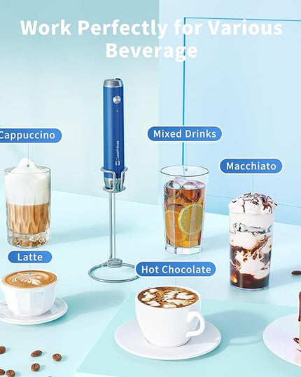 Maestri House Rechargeable Milk Frother with Stand, Handheld Electric Foam Maker Waterproof Detachable Stainless Steel Whisk Drink Mixer Foamer for Lattes, Cappuccino - LeafyLoom