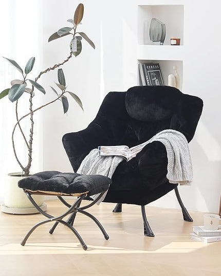 Plush Lazy Chair and Ottoman, Large Contemporary Accent Lounge Chair with Armrests and a Side Pocket, Modern Leisure Upholstered Sofa Reading Armchair with Footrest for Bedroom, Living Room - LeafyLoom