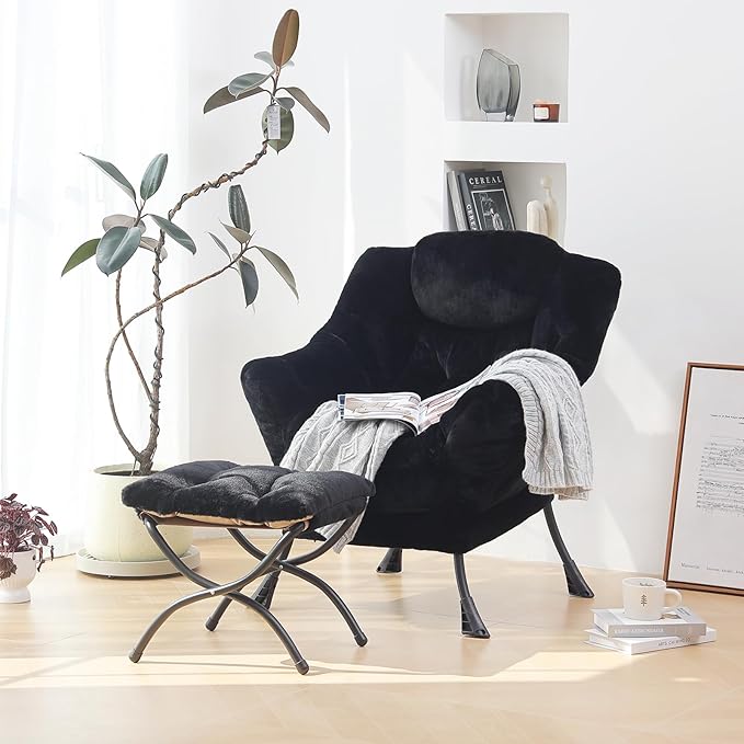 Plush Lazy Chair and Ottoman, Large Contemporary Accent Lounge Chair with Armrests and a Side Pocket, Modern Leisure Upholstered Sofa Reading Armchair with Footrest for Bedroom, Living Room - LeafyLoom