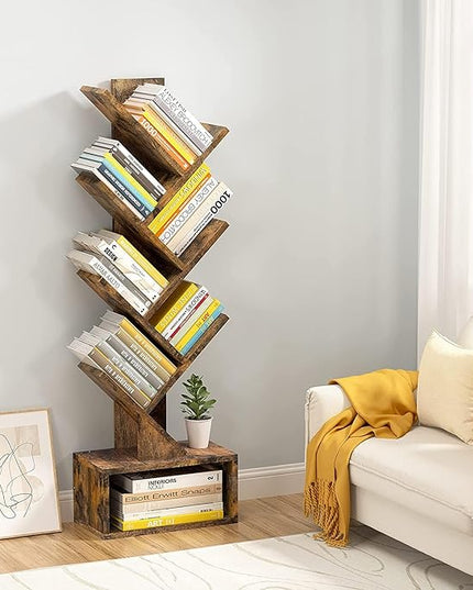 Hoctieon 6 Tier Tree Bookshelf, Tall Bookcase with Drawer, Freestanding Book Shelf, Display Floor Standing Storage Shelf, Book Organizer Shelves for Home Office, Rustic Brown - LeafyLoom
