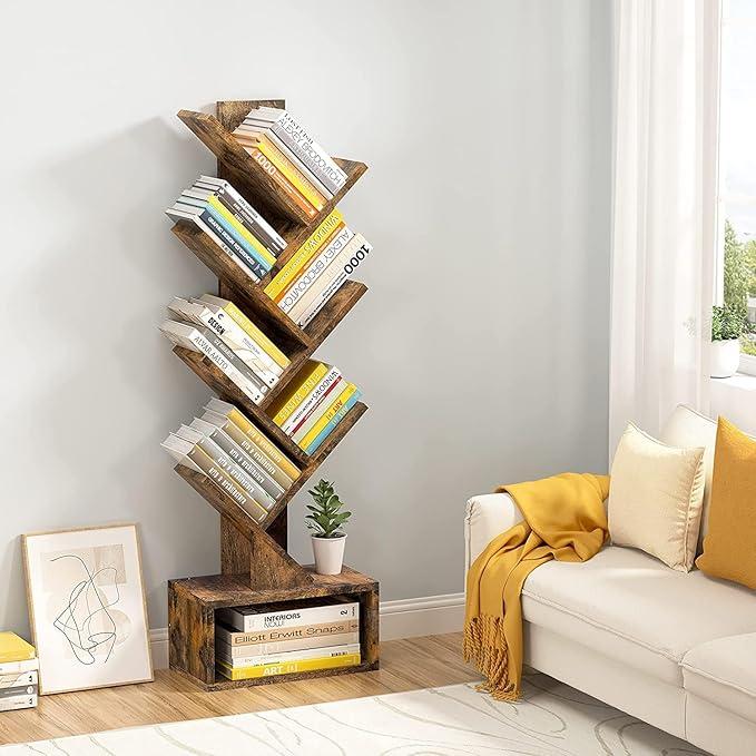 Hoctieon 6 Tier Tree Bookshelf, Tall Bookcase with Drawer, Freestanding Book Shelf, Display Floor Standing Storage Shelf, Book Organizer Shelves for Home Office, Rustic Brown - LeafyLoom