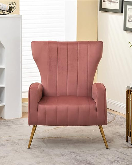 Armchair Modern Velvet Accent Chair, Channel Tufted Bedroom, Office or Living Room Furniture with Elegant Metal Legs, Rose - LeafyLoom