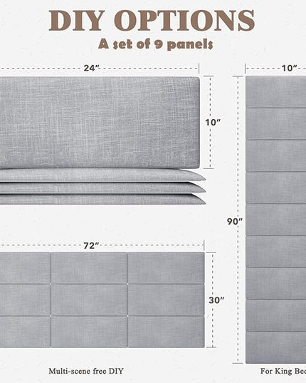 Queen Headboard, Wall Mounted Peel and Stick Headboard, Upholstered Tufted Bed Headboard for Queen Size Bed, Floating Dorm Bedroom Tall Headboard Soundproof Wall Panels (9 Panels, 10"x24") - LeafyLoom