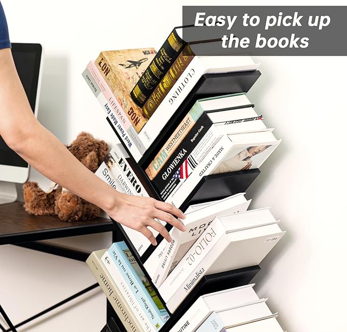 8 Tier Tree Bookshelf with Drawer, Free Standing Wood Bookcase for Living Room, Bedroom, Home Office, Space Saving Storage Organizer Bookshelves for Books, CDs, Vinyl Records- Black - LeafyLoom