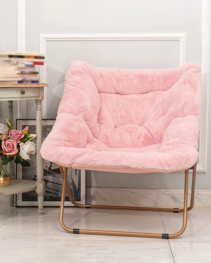 Tiita Comfy Saucer Chair, Soft Faux Fur Oversized Folding Accent Chair, Lounge Lazy Chair for Kids Teens Adults, Metal Frame Moon Chair for Bedroom, Living Room, Dorm Rooms, X-Large Pink - LeafyLoom