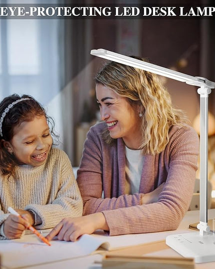 iVict Dual Swing Arm LED Desk Lamps, 5 Light Modes x 10 Brightness Levels Desk Light with USB Charging Port, 45 Minutes Auto Timer Table Lamp, Desk Lamp for Home Office, Bedroom, Reading/Study - LeafyLoom