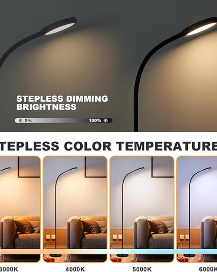 LED Floor Lamp,12W Gooseneck Floor Reading Lamps for Living Room with Remote & Touch Control,Stepless Adjustable Colors & Brightness Modern Dimmable Standing Lamp for Bedroom and Office - LeafyLoom
