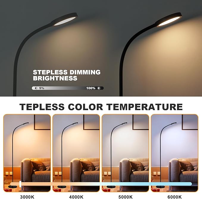 LED Floor Lamp,12W Gooseneck Floor Reading Lamps for Living Room with Remote & Touch Control,Stepless Adjustable Colors & Brightness Modern Dimmable Standing Lamp for Bedroom and Office - LeafyLoom