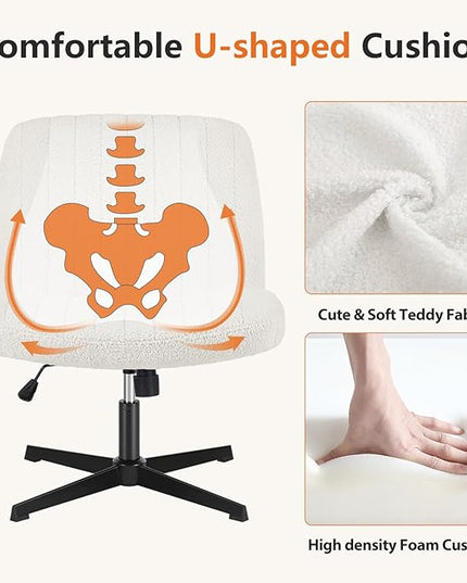 Sweetcrispy Office Chair No Wheels - Armless Desk Chair No Wheels Cross Legged Office Chair Wide Swivel Teddy Fabric Home Office Desk Chairs - LeafyLoom
