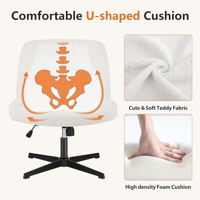 Sweetcrispy Office Chair No Wheels - Armless Desk Chair No Wheels Cross Legged Office Chair Wide Swivel Teddy Fabric Home Office Desk Chairs - LeafyLoom