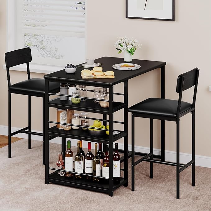 GAOMON Dining Table Set for 2, Kitchen Table and Chairs for 2 with Upholstered Chairs, 3 Piece Counter Height Bar Kitchen Table Set with 3 Storage Shelves for Small Space, Apartment, Rustic Black - LeafyLoom