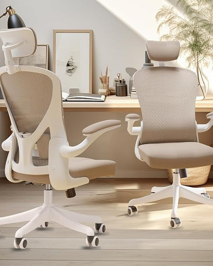 Ergonomic Office Chair Home Desk Office Chair with Adjustable Headrest & Cushion for Lumbar Support, High Back Computer Chair with Thickened Cushion Desk Chairs Khaki - LeafyLoom