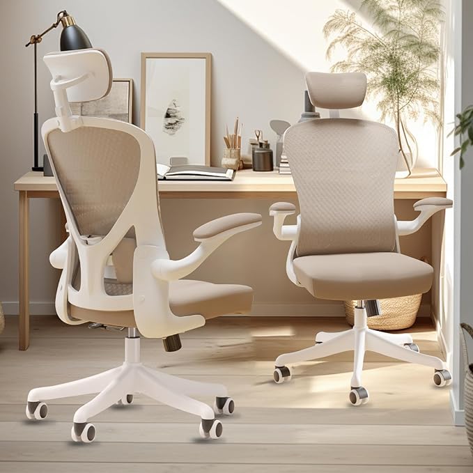 Ergonomic Office Chair Home Desk Office Chair with Adjustable Headrest & Cushion for Lumbar Support, High Back Computer Chair with Thickened Cushion Desk Chairs Khaki - LeafyLoom