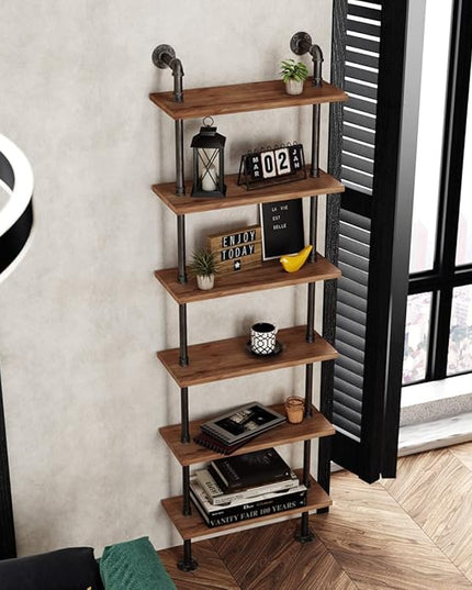 Industrial Pipe Bookshelves Rustic Wall Ladder Bookshelf Display Storage Stand Shelf Bookcase for Living Room, Kitchen, Office (6 Tier) - LeafyLoom