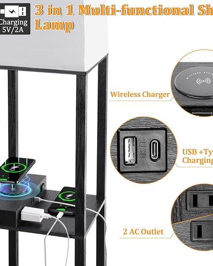 Dott Arts Floor Lamp with Shelves, Shelf Lamp with Wireless Charger & USB A+C Ports & 2 AC Outlets,3 Color Temperature Corner Tall Standing Floor Lamps for Living Room, Bedroom, Office (Black) - LeafyLoom