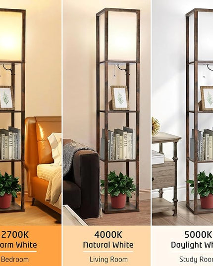 LED Floor Lamp with Shelves, Shelves Floor Lamp for Living Room Bedroom, 4-Tier Modern Shelf Floor Lamp with White Fabric Shape, 3 Color Temperature LED Blub(Brown). - LeafyLoom