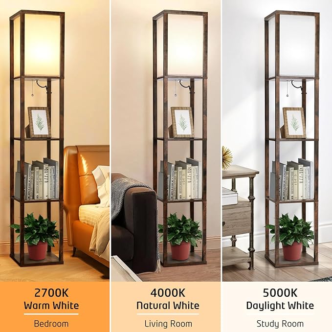 LED Floor Lamp with Shelves, Shelves Floor Lamp for Living Room Bedroom, 4-Tier Modern Shelf Floor Lamp with White Fabric Shape, 3 Color Temperature LED Blub(Brown). - LeafyLoom