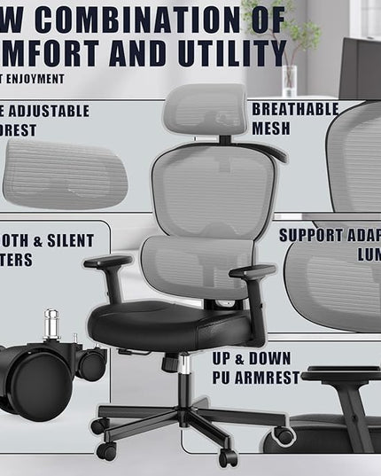 Office Chair, Ergonomic Desk Chair, High Back Desk Chair, Big and Tall Reclining Comfy Home Office Chair with Lumbar Support Breathable Mesh Computer Chair Adjustable Armrests - LeafyLoom